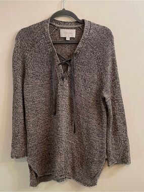 Brochu Walker Tulla Sweater Womens Large 100% Linen Gray Lace Up Boho Lagenlook